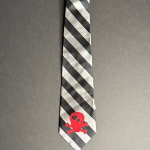 Ukiyo5 Black and Silver Striped Handmade Silk Men's Tie - Red Skull in the Front
